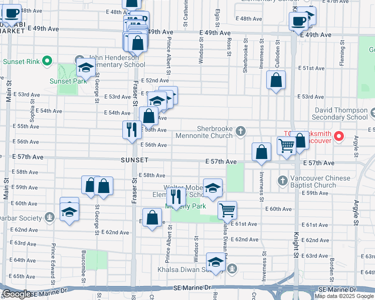 map of restaurants, bars, coffee shops, grocery stores, and more near 886 East 56th Avenue in Vancouver