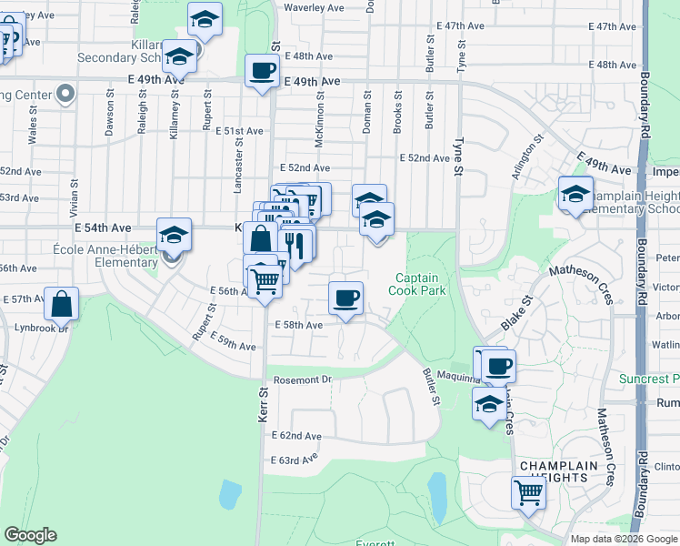 map of restaurants, bars, coffee shops, grocery stores, and more near 7148 Mont Royal Square in Vancouver