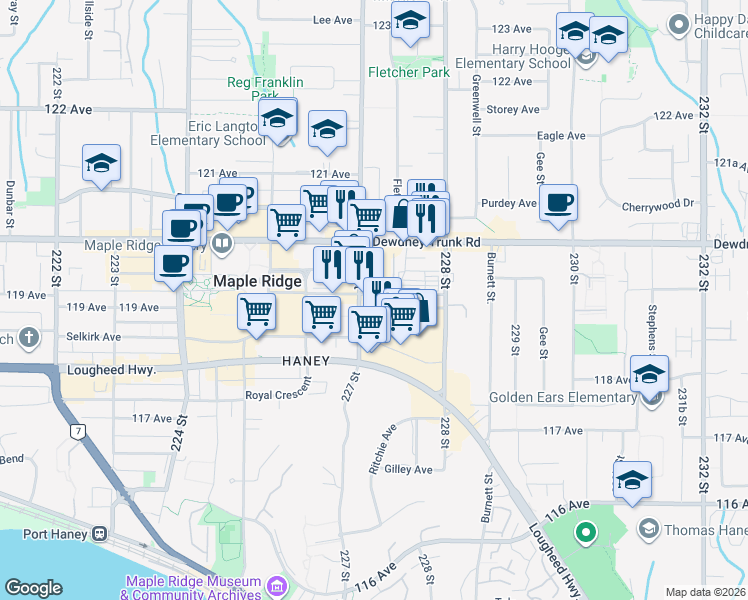 map of restaurants, bars, coffee shops, grocery stores, and more near 11948 227 Street in Maple Ridge
