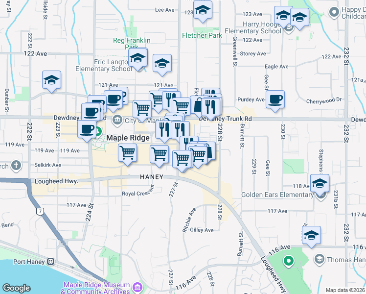 map of restaurants, bars, coffee shops, grocery stores, and more near 11948 227 Street in Maple Ridge