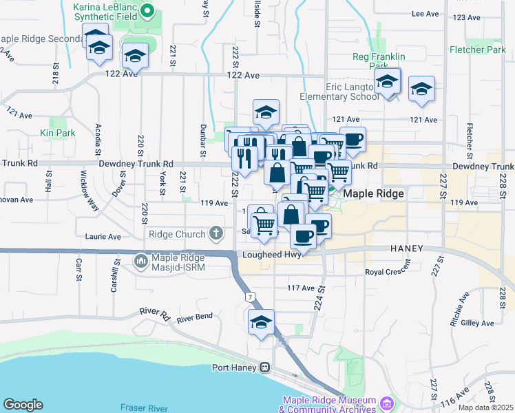 map of restaurants, bars, coffee shops, grocery stores, and more near in Maple Ridge