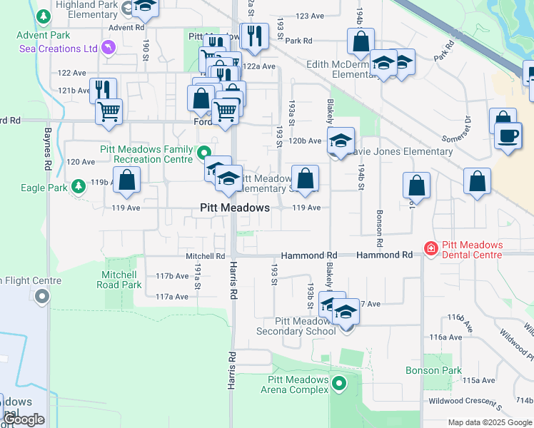 map of restaurants, bars, coffee shops, grocery stores, and more near 19270 119 Avenue in Pitt Meadows