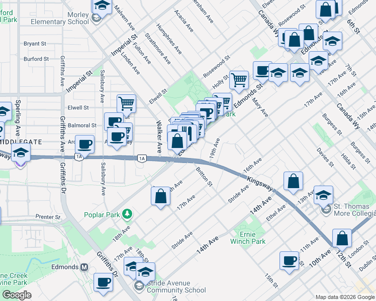 map of restaurants, bars, coffee shops, grocery stores, and more near 7328 Edmonds Street in Burnaby