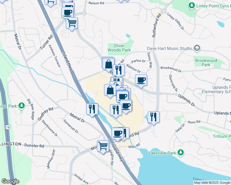map of restaurants, bars, coffee shops, grocery stores, and more near 4543 Uplands Dr in Nanaimo