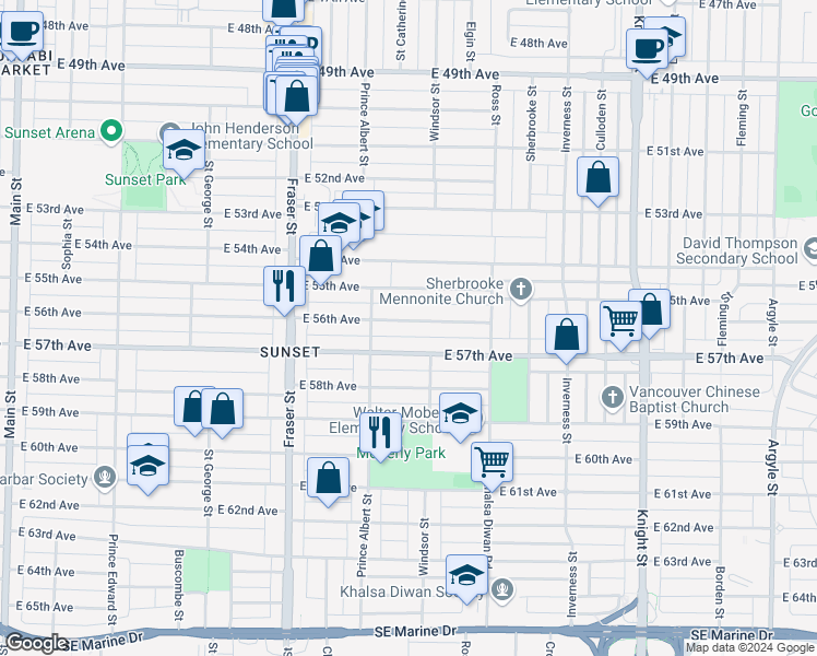 map of restaurants, bars, coffee shops, grocery stores, and more near 900 East 56th Avenue in Vancouver