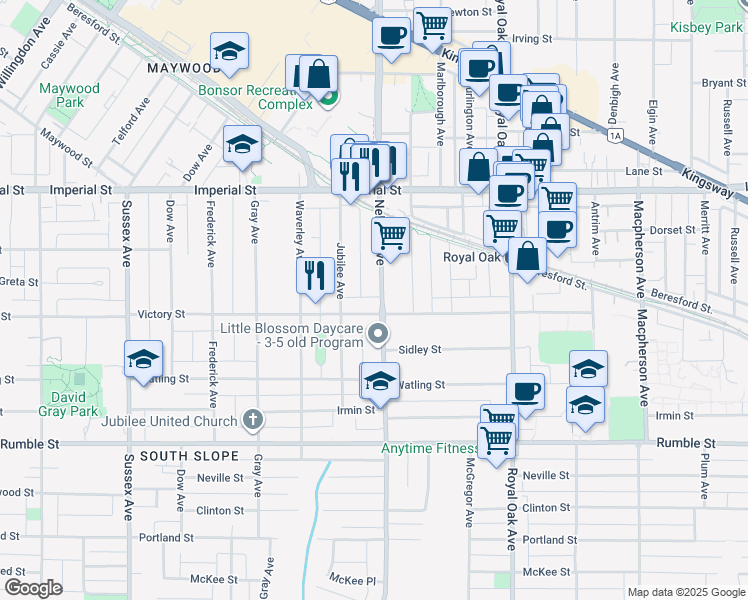 map of restaurants, bars, coffee shops, grocery stores, and more near 7121 Nelson Avenue in Burnaby