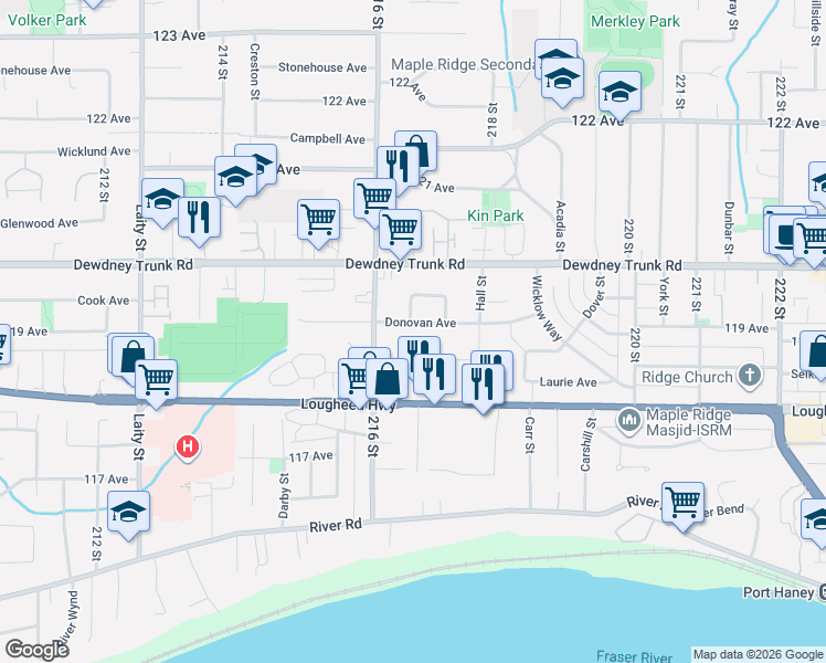 map of restaurants, bars, coffee shops, grocery stores, and more near 11938 216 Street in Maple Ridge