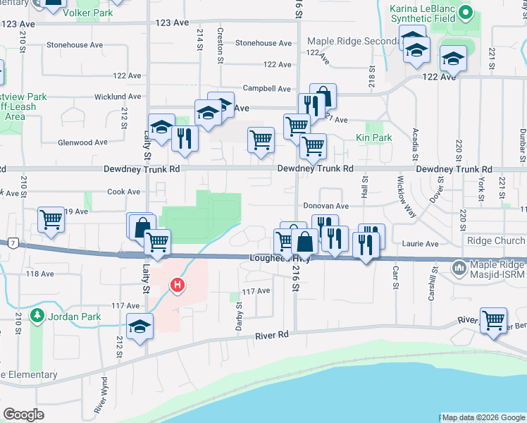 map of restaurants, bars, coffee shops, grocery stores, and more near in Maple Ridge