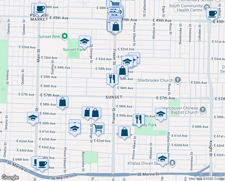 map of restaurants, bars, coffee shops, grocery stores, and more near 688 East 56th Avenue in Vancouver