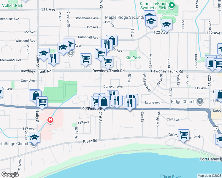 map of restaurants, bars, coffee shops, grocery stores, and more near 21656 Donovan Avenue in Maple Ridge
