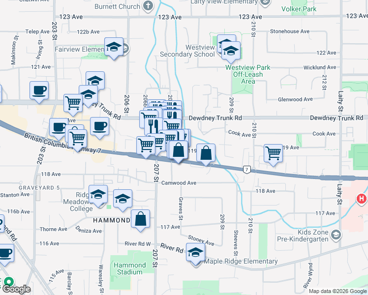 map of restaurants, bars, coffee shops, grocery stores, and more near in Maple Ridge