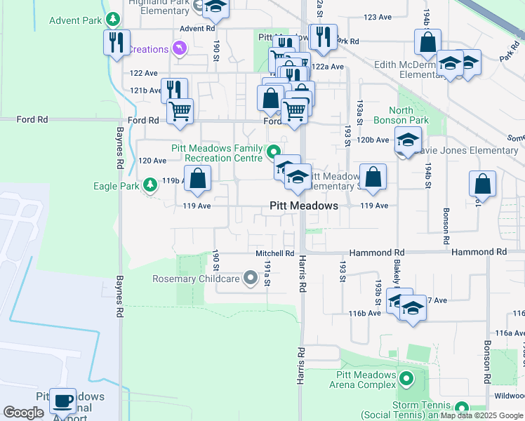 map of restaurants, bars, coffee shops, grocery stores, and more near 19160 119 Avenue in Pitt Meadows