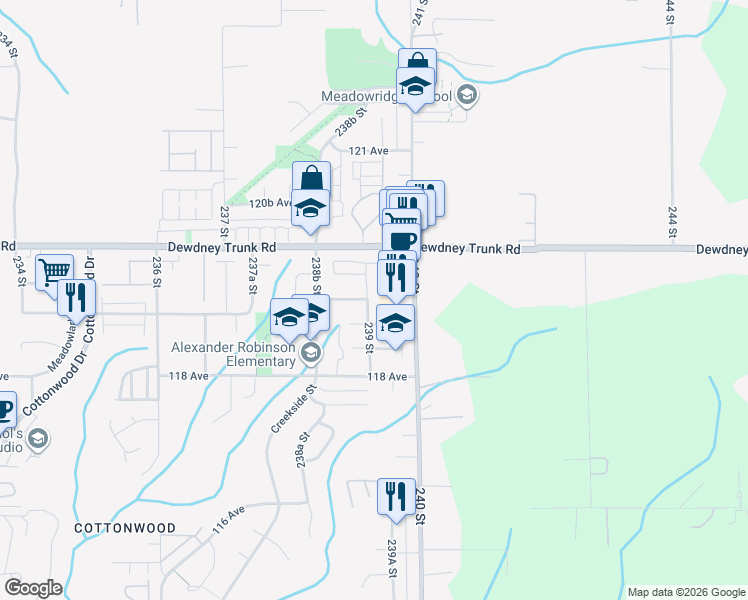 map of restaurants, bars, coffee shops, grocery stores, and more near 11930 239 Street in Maple Ridge