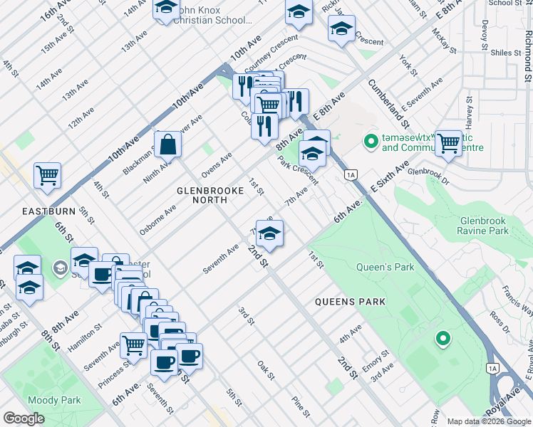 map of restaurants, bars, coffee shops, grocery stores, and more near 107 Seventh Avenue in New Westminster
