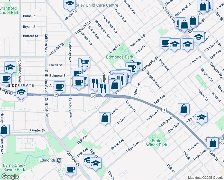 map of restaurants, bars, coffee shops, grocery stores, and more near 7325 Arcola Street in Burnaby