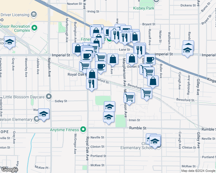 map of restaurants, bars, coffee shops, grocery stores, and more near 7117 Antrim Avenue in Burnaby
