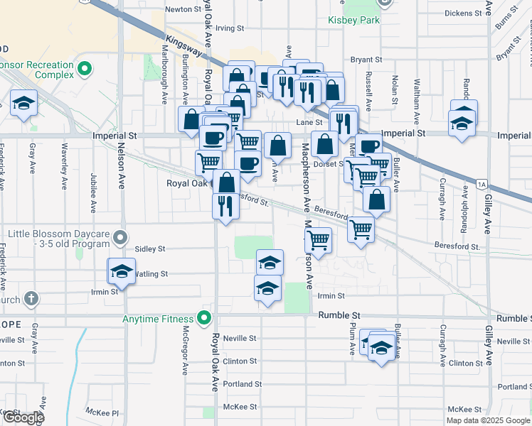 map of restaurants, bars, coffee shops, grocery stores, and more near 7117 Antrim Avenue in Burnaby