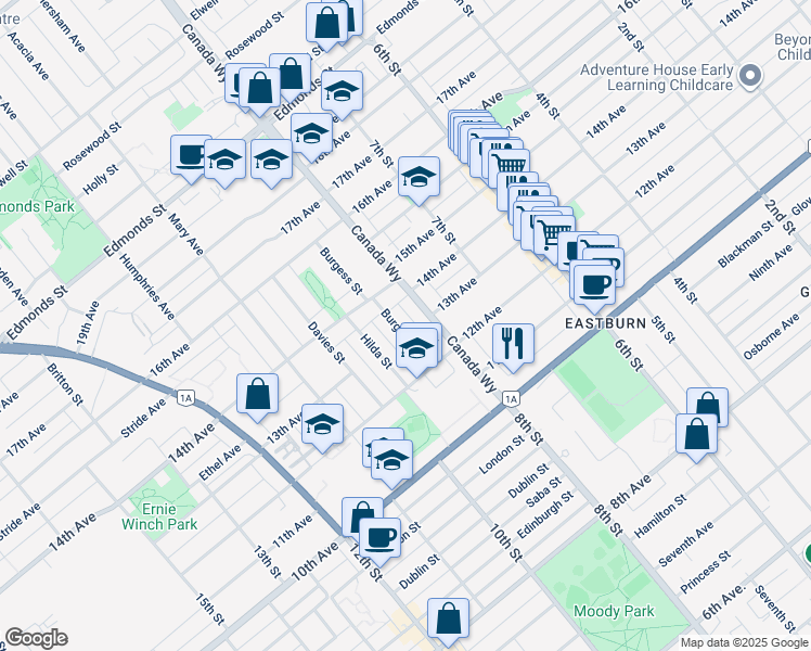 map of restaurants, bars, coffee shops, grocery stores, and more near 7688 Burgess Street in Burnaby
