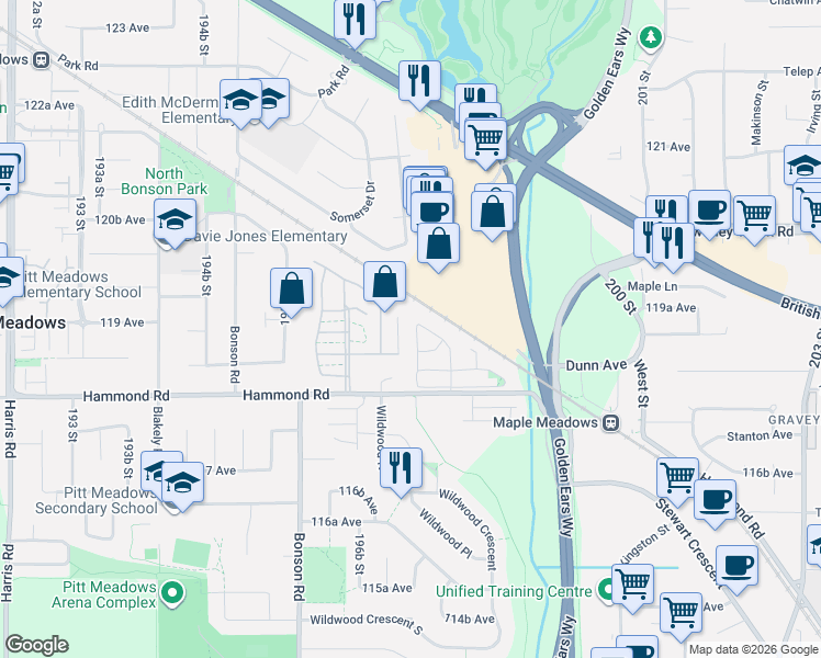 map of restaurants, bars, coffee shops, grocery stores, and more near 11891 Orchard Lane in Pitt Meadows