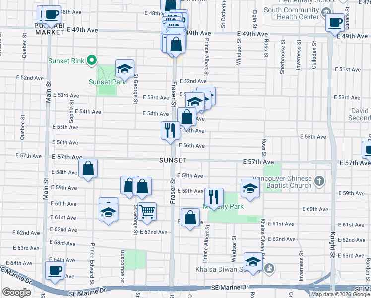 map of restaurants, bars, coffee shops, grocery stores, and more near 726 East 56th Avenue in Vancouver