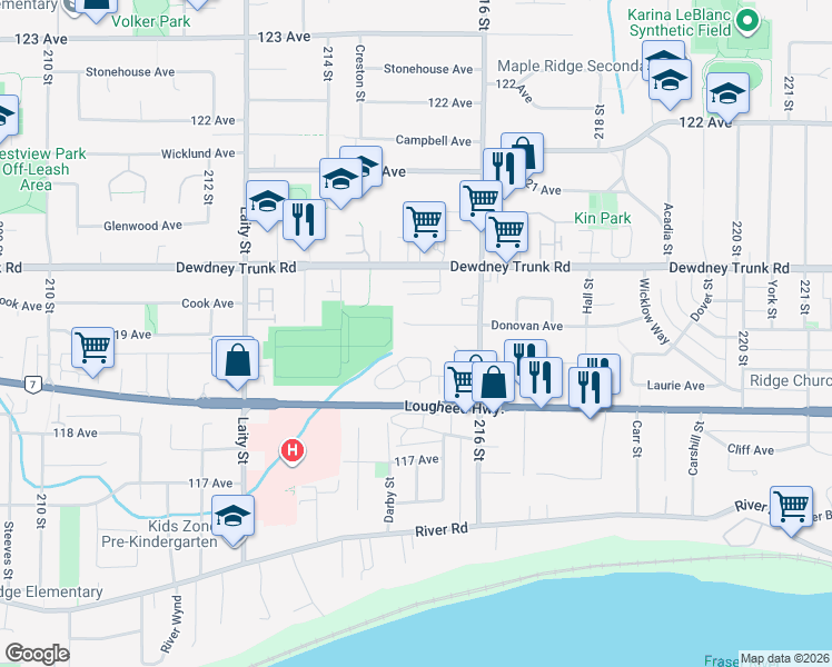 map of restaurants, bars, coffee shops, grocery stores, and more near 21514 Donovan Avenue in Maple Ridge