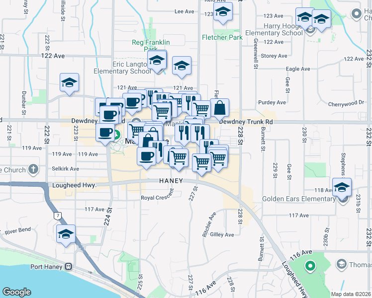 map of restaurants, bars, coffee shops, grocery stores, and more near in Maple Ridge