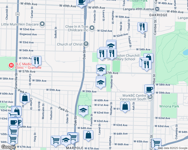 map of restaurants, bars, coffee shops, grocery stores, and more near 930 West 57th Avenue in Vancouver
