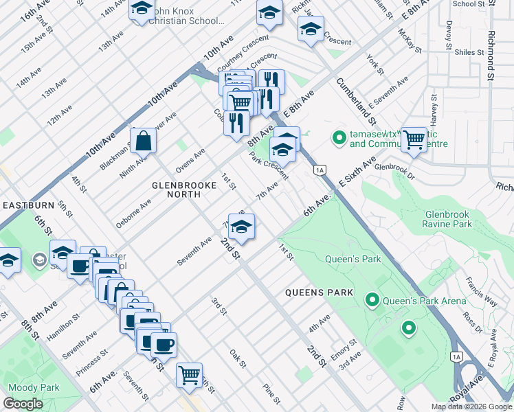 map of restaurants, bars, coffee shops, grocery stores, and more near 56 Seventh Avenue in New Westminster