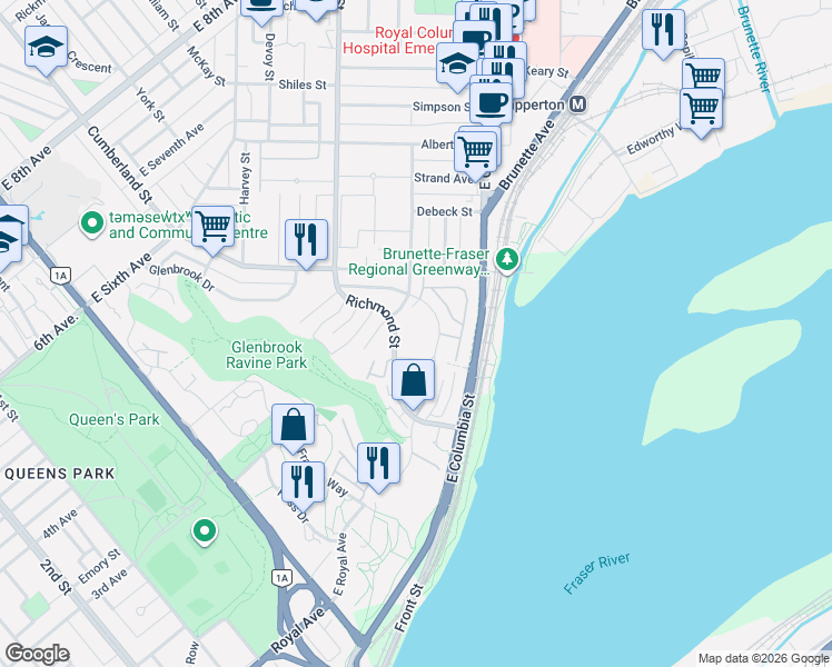 map of restaurants, bars, coffee shops, grocery stores, and more near 70 Richmond Street in New Westminster