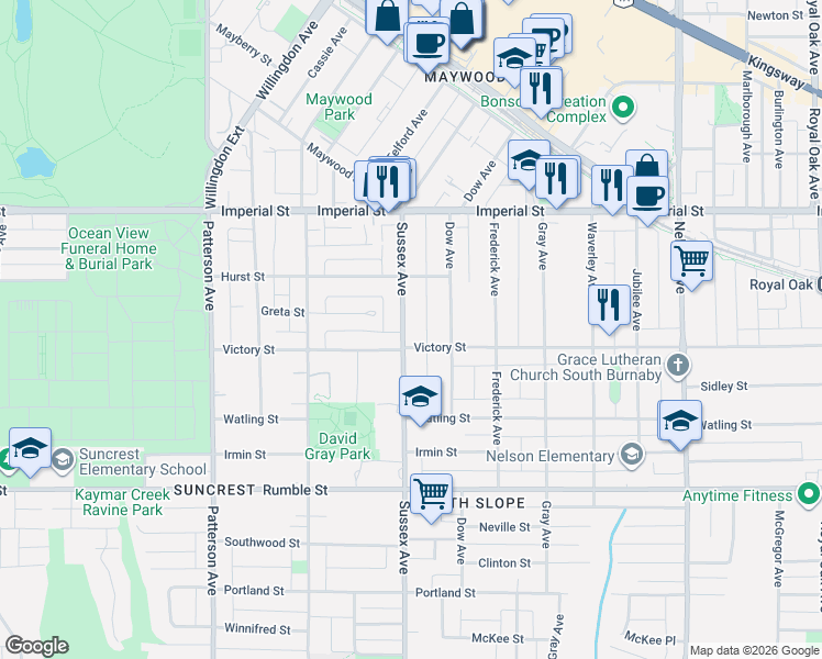 map of restaurants, bars, coffee shops, grocery stores, and more near 7168 Sussex Avenue in Burnaby