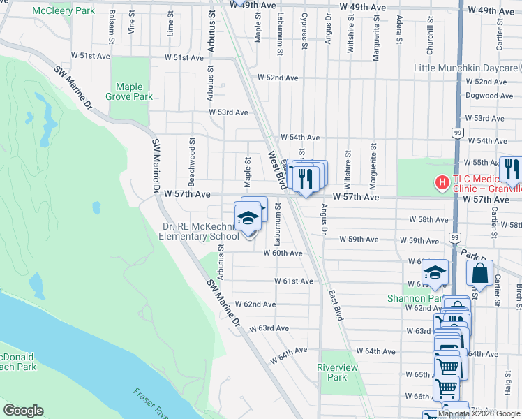 map of restaurants, bars, coffee shops, grocery stores, and more near 7338 Maple Street in Vancouver