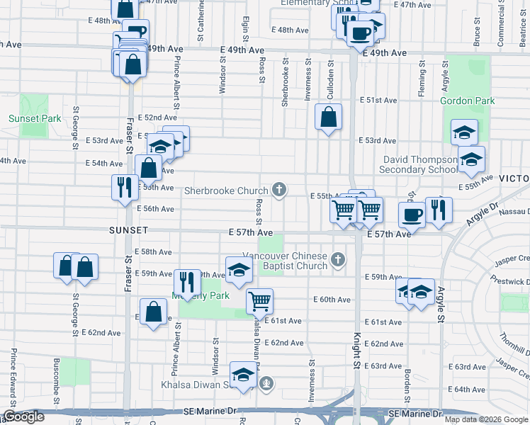 map of restaurants, bars, coffee shops, grocery stores, and more near 7202 Ross Street in Vancouver