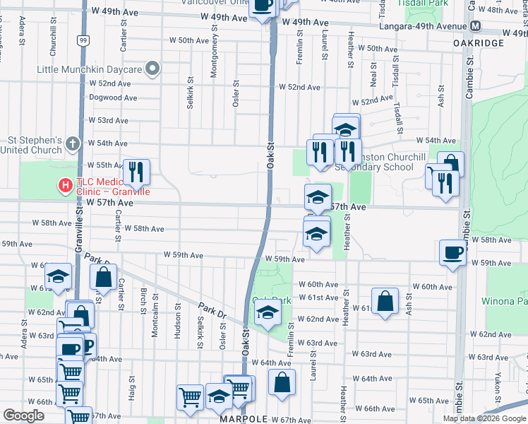 map of restaurants, bars, coffee shops, grocery stores, and more near 1010 West 57th Avenue in Vancouver