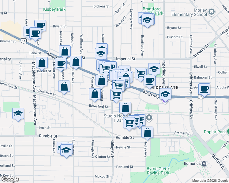 map of restaurants, bars, coffee shops, grocery stores, and more near 7156 Gilley Avenue in Burnaby