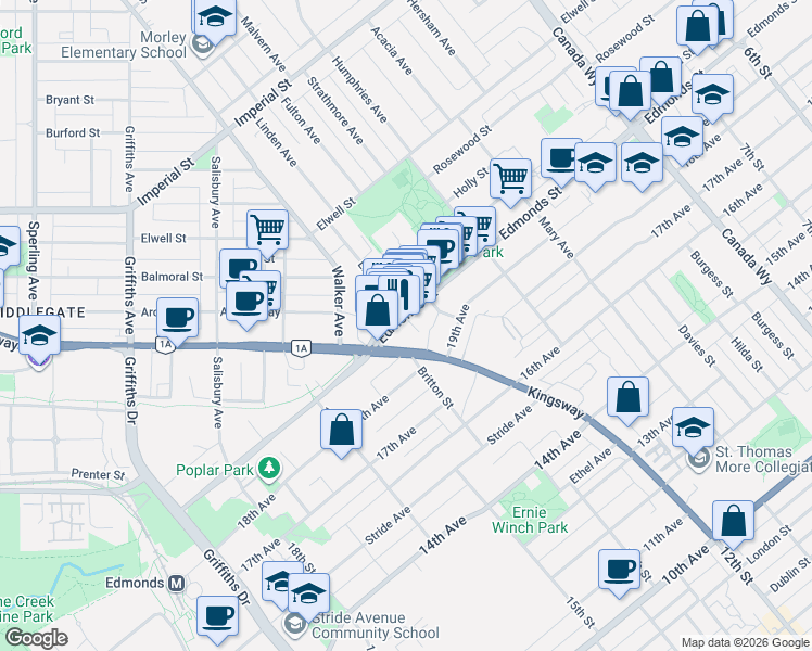 map of restaurants, bars, coffee shops, grocery stores, and more near 7236 Linden Avenue in Burnaby