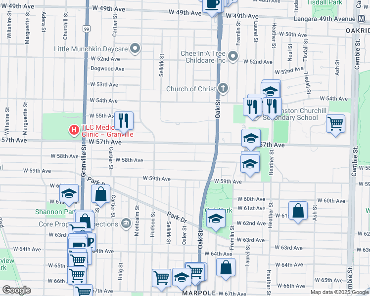 map of restaurants, bars, coffee shops, grocery stores, and more near 1160 West 57th Avenue in Vancouver