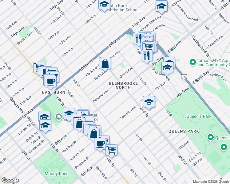 map of restaurants, bars, coffee shops, grocery stores, and more near 215 8th Avenue in New Westminster