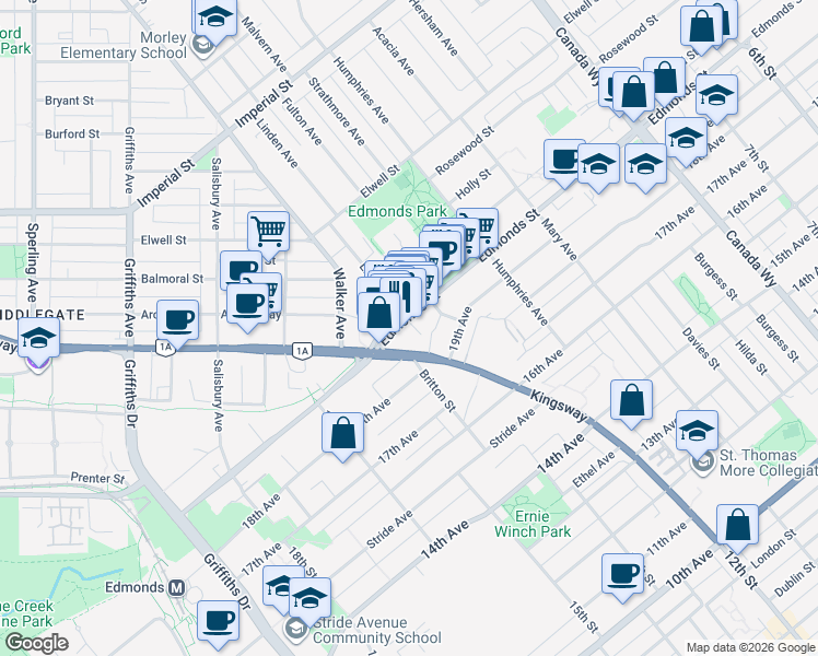 map of restaurants, bars, coffee shops, grocery stores, and more near 7358 Edmonds Street in Burnaby