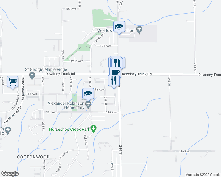map of restaurants, bars, coffee shops, grocery stores, and more near 11939 240 Street in Maple Ridge
