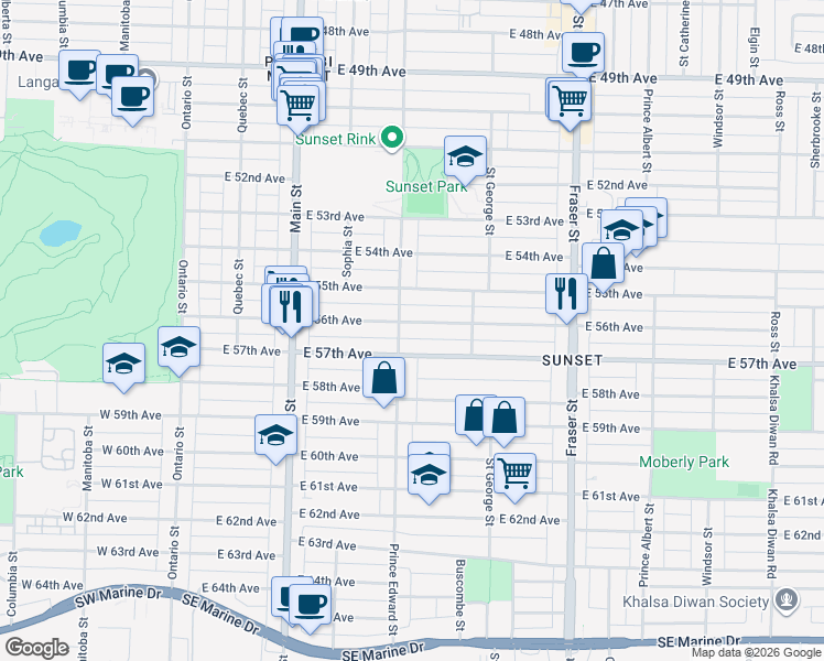 map of restaurants, bars, coffee shops, grocery stores, and more near 414 East 56th Avenue in Vancouver