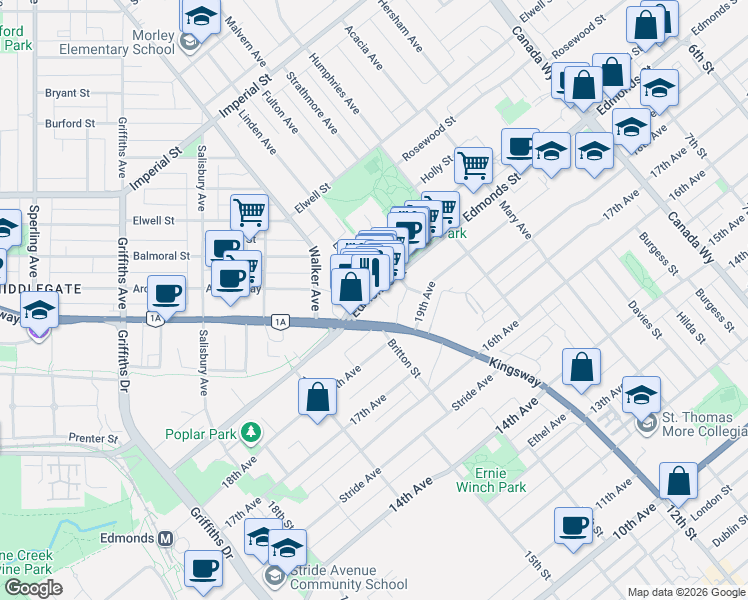 map of restaurants, bars, coffee shops, grocery stores, and more near 7358 Edmonds Street in Burnaby