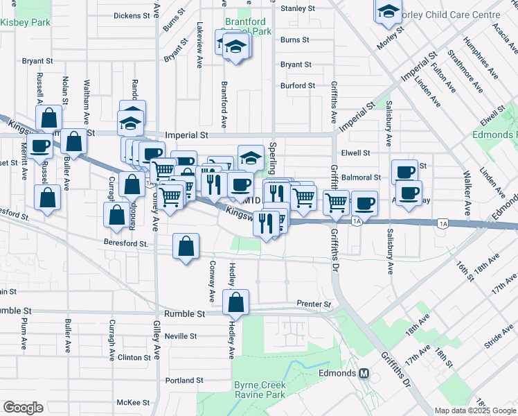 map of restaurants, bars, coffee shops, grocery stores, and more near in Burnaby