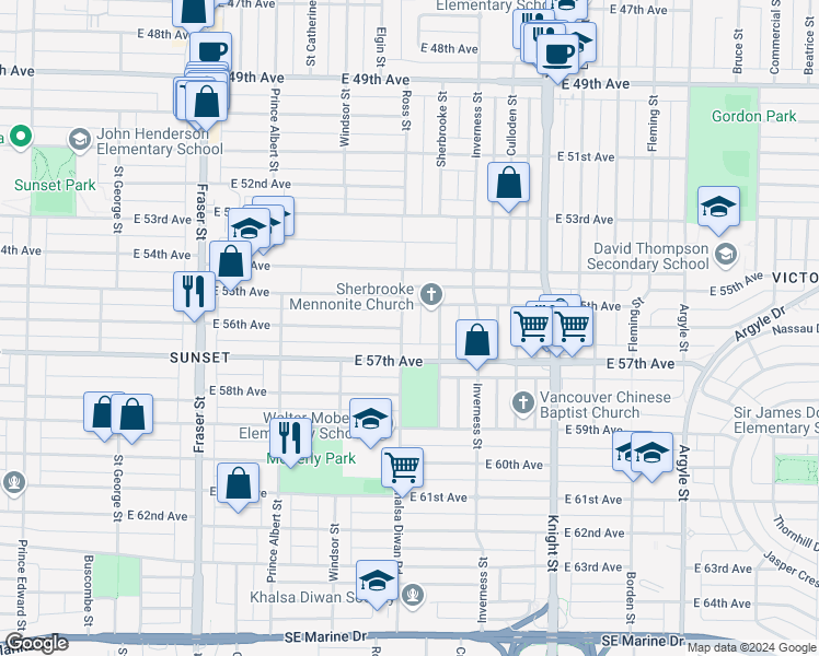 map of restaurants, bars, coffee shops, grocery stores, and more near 7188 Ross Street in Vancouver