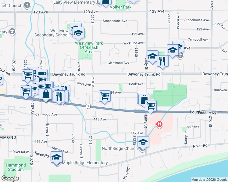 map of restaurants, bars, coffee shops, grocery stores, and more near 21101 119 Avenue in Maple Ridge