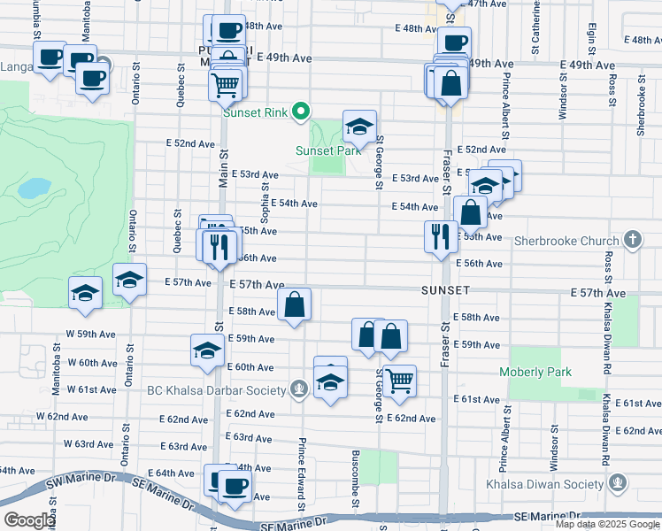 map of restaurants, bars, coffee shops, grocery stores, and more near 442 East 56th Avenue in Vancouver