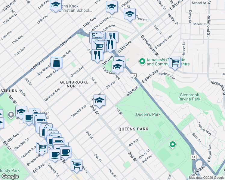 map of restaurants, bars, coffee shops, grocery stores, and more near 624 Colborne Street in New Westminster