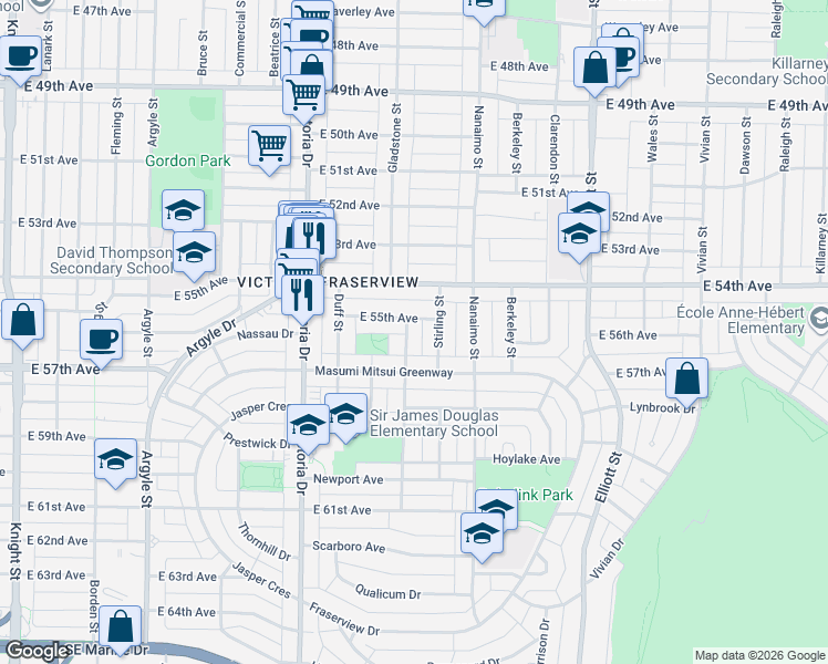 map of restaurants, bars, coffee shops, grocery stores, and more near in Vancouver