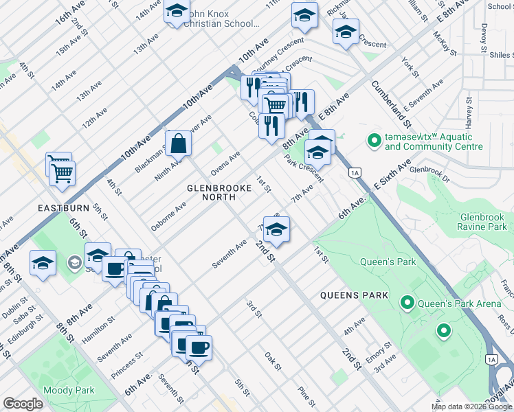 map of restaurants, bars, coffee shops, grocery stores, and more near 116 Durham Street in New Westminster