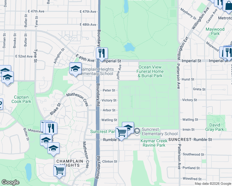 map of restaurants, bars, coffee shops, grocery stores, and more near 3796 Peter Street in Burnaby
