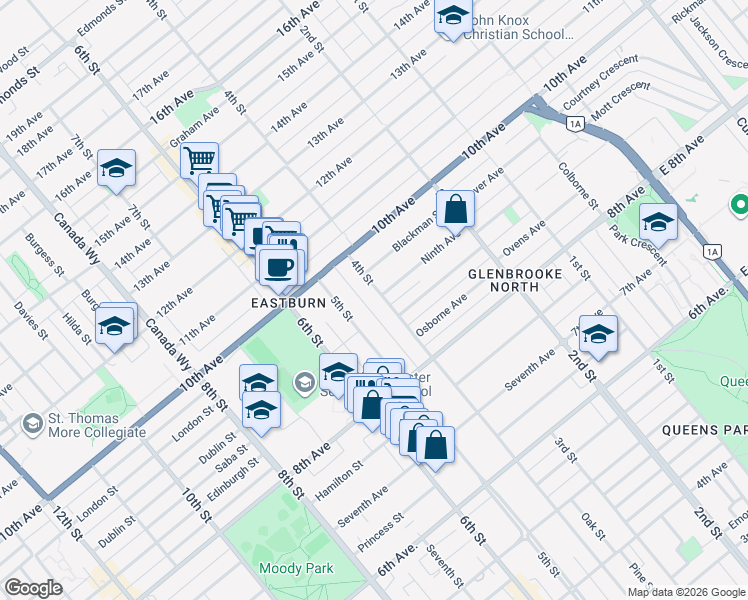 map of restaurants, bars, coffee shops, grocery stores, and more near 902 4th Street in New Westminster